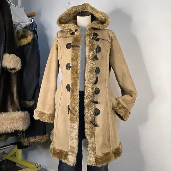 Y2K Penny Lane Faux Fur Toggle Coat Hood Tan Fisherman Core Winter Boho - Picture 2 of 7